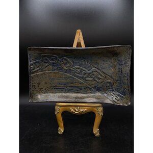 Raku Art Pottery Iridescent Textured Dark Blue Tray Chain Links Signed JF 22